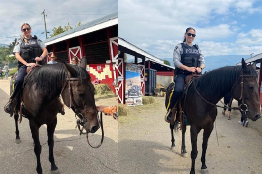Vernon North Okanagan RCMP constables Chelsey Valotaire (left) and Amanda Taylor take to horseback while working at the 2023 Interior Provincial Exhibition in Armstrong. (RCMP photo)