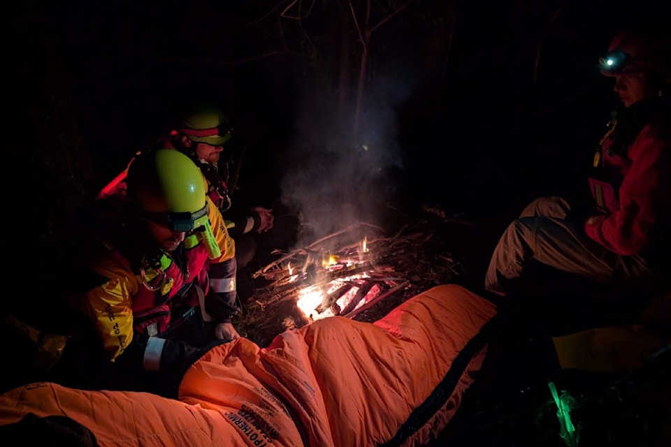 Juan de Fuca SAR volunteers take on a night time rescue at Sooke Potholes in early December, utilizing the swift water team and high angle rope rescue training to rescue one injured person.