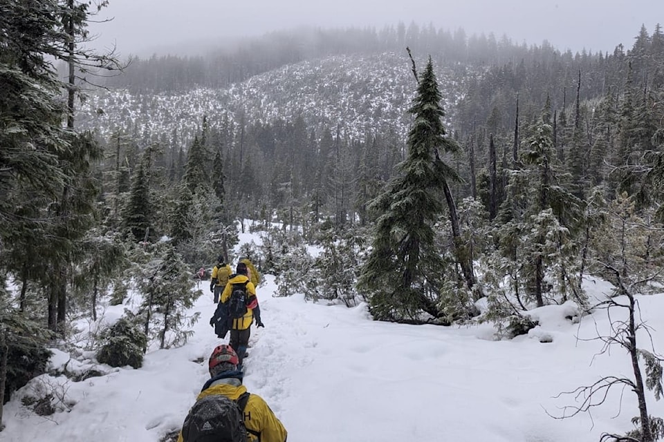 Searchers with Juan de Fuca and Metchosin teams, with backup from West Coast Helicopters and 442 Squadron, look for multiple people in need of aid at Wye Lake on Kludahk Trail on Nov. 24.