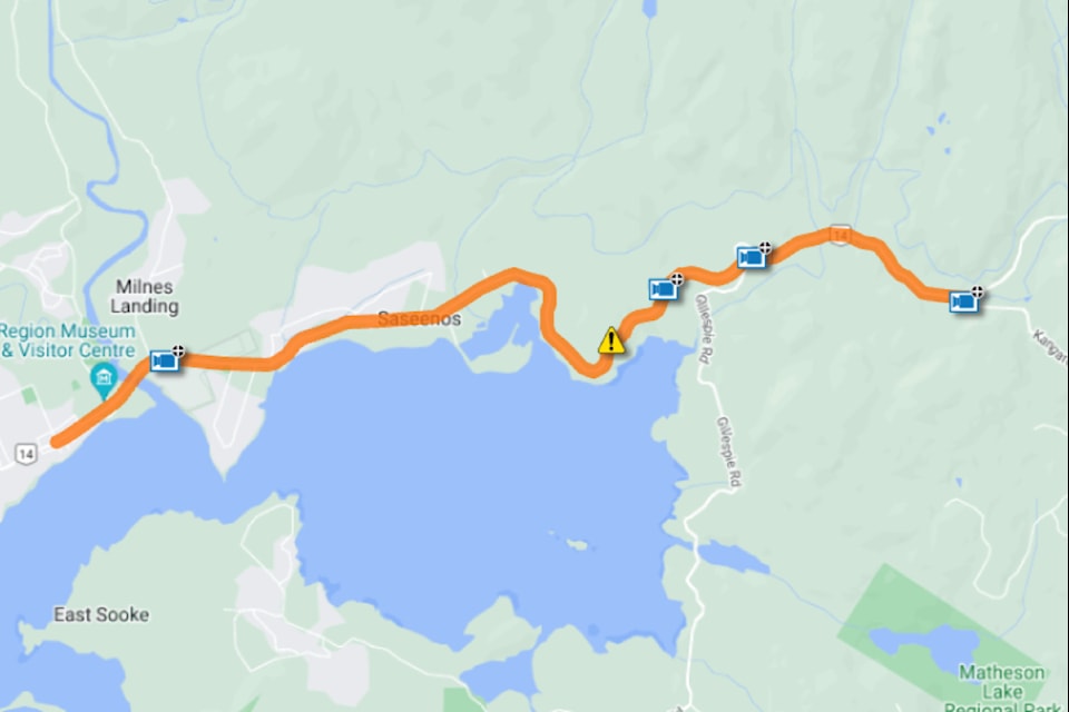 Sooke commuters can expect delays as trees and wires have Highway 14 down to single-lane alternating traffic expected to continue through the day on Nov. 20.