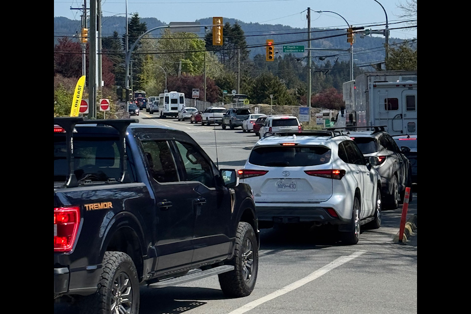 Traffic backs up in Sooke as BC Hydro maintenance begins. 