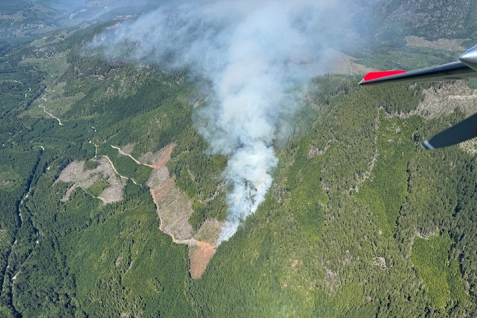 An aerial shot of a three-hectare wildfire, currently blazing near Pacific Marine Road.