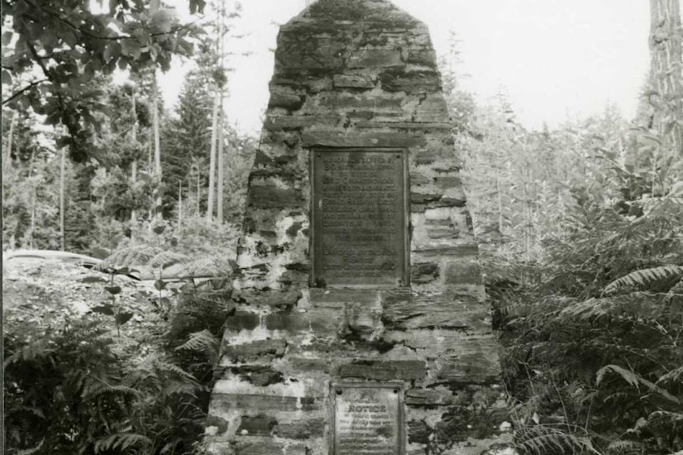The Leechtown Memorial cairn marked the site where placer gold was discovered in July 1864, about 12 miles from Sooke in an unnamed tributary, subsequently named the Leech River.