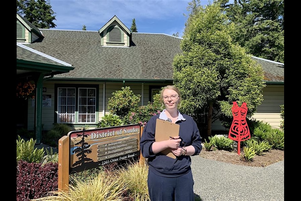 Chief Election Officer Jessica Bagnall stands outside Sooke Municipal Hall following the close of nominations for the 2025 By-Election on Friday, June 6.
