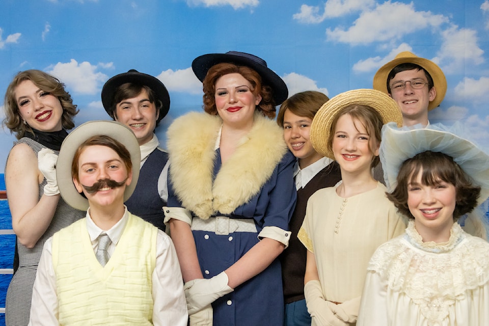 The cast of Anything Goes pictured left to right: Amalya Levy, Eve Clark, Khalil Levy, Violet Knowles, Mia Dowhy, Jane Cortens, Ray Simister and Jasmine Robertson.