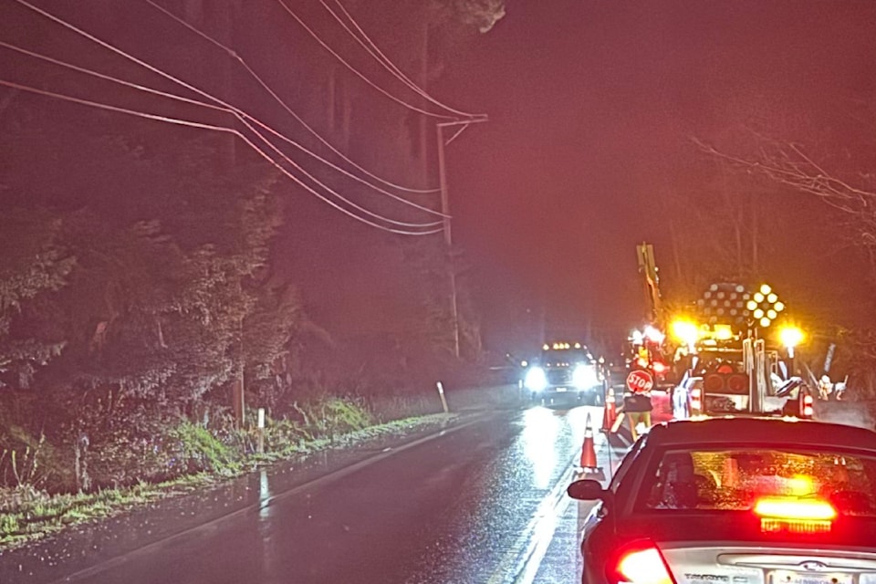Hydro crews work in the 4500-block of Sooke Road the morning of March 20 after an overnight crash.