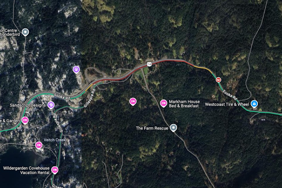 Traffic is jammed on Sooke Road heading into Langford to start the Monday (March 17).