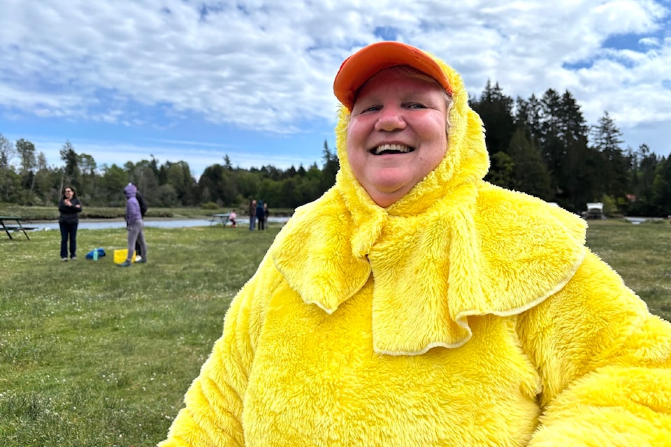 Lion Nancy Illien sporting a duck suit.