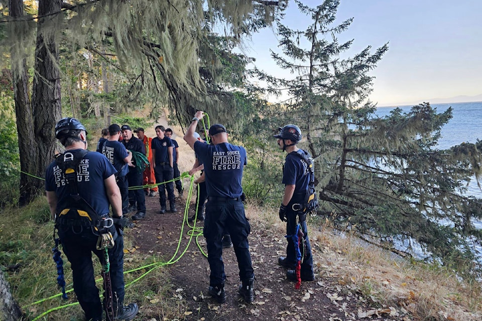 East Sooke volunteers work on rope rescue training skills the evening of July 11.