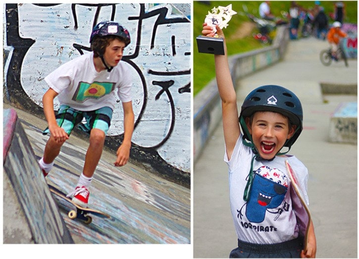 Left: Seamus Stolth practises on his skateboard between competitions at the SK8/BMX jam hosted by SEAPARC at the Skate park. Right: A very jubilant Theo Stolth proudly displays his first-place trophy. (Black Press Media file)