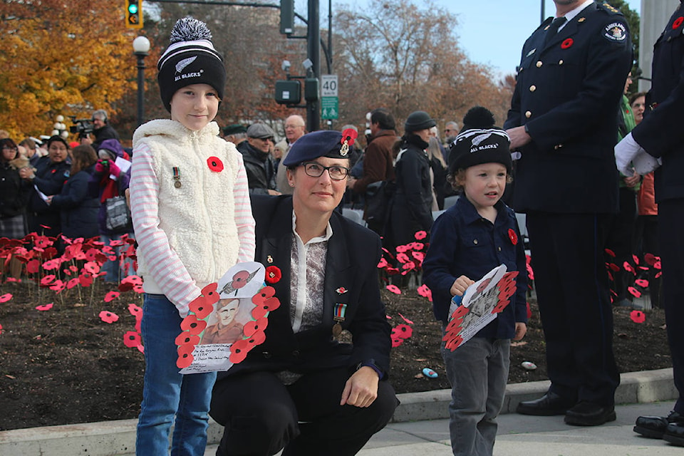 Suzette Goldsworthy, who served as a private in the New Zealand army has been coming to the Remembrance Day ceremony since she moved to Canada 18 years ago and has brought her two young children since they were infants. (Kendra Crighton/News Staff)