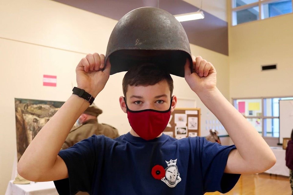Grade 8 Journey Middle student Calvin Smith brought a Second World War talker helmet from the U.S. Navy that he bought at a garage sale in Sooke in 2019. (Aaron Guillen/News Staff)