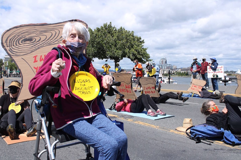 Clare Lowery, 92, was one of many seniors at a demonstration that shut down traffic on Belleville Street outside the legislature on Thursday afternoon. (Jake Romphf/News Staff)