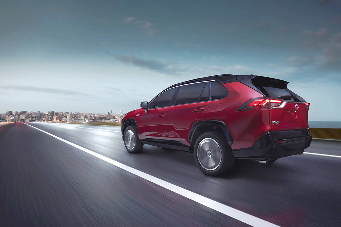 In EV mode, the RAV4 Prime is rated at 2.5 l/100 km equivalency. As a regular hybrid that has two electric motors and a 2.5-litre four-cylinder engine, its rated at 6.4 on the highway and 5.7 in the city. PHOTO: TOYOTA
