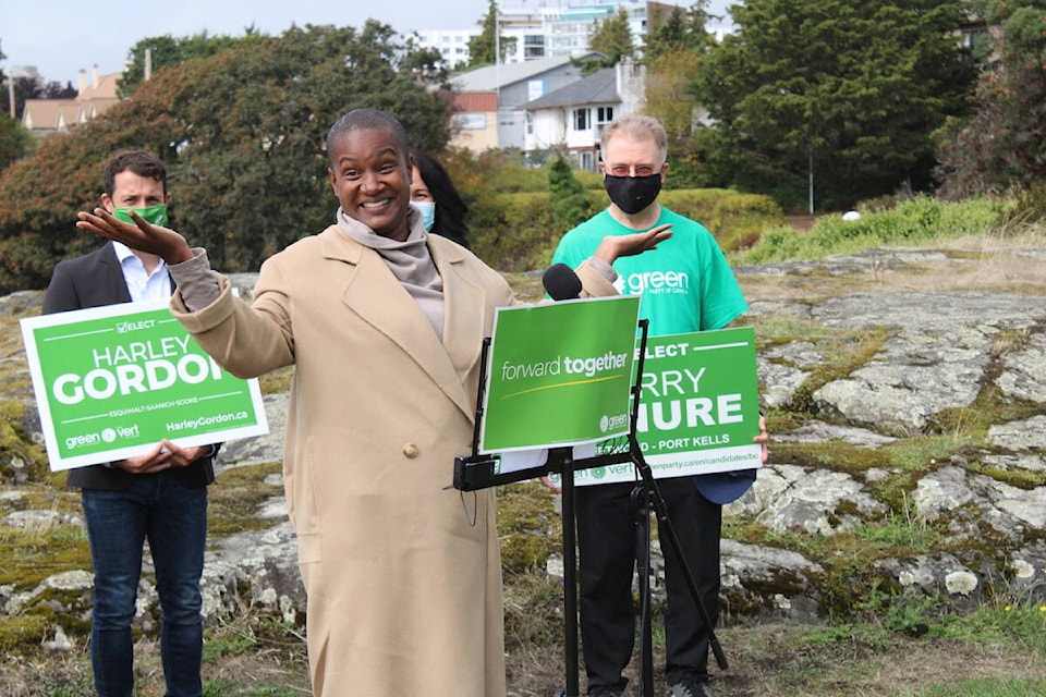 Federal Green Party leader Annamie Paul at a campaign stop in Victoria on Saturday. (Jake Romphf/News Staff)