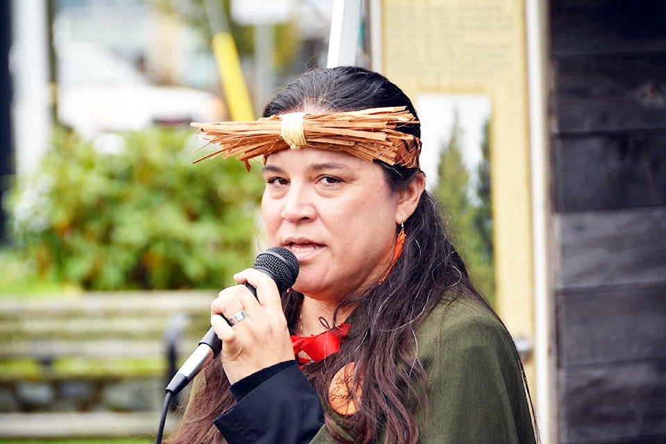 Monique Pat, a member of the T’Sou-ke Nation, emcees the National Day of Truth and Reconciliation ceremony in Sooke on Sept. 30. Pat’s mother is a residential school survivor. (Kevin Laird - Sooke News Mirror)