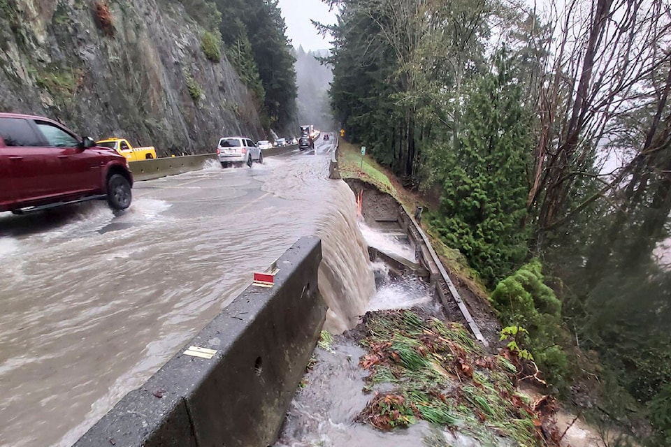 Flooding and bank instability has closed the northbound lane of the Malahat past Westshore Parkway Nov. 15, according to Emcon highway services. (Courtesy Emcon)