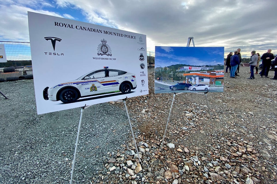 Langford will officially be the first community on Vancouver Island to host a Tesla Centre and the West Shore RCMP will be the first detachment in Canada to operate a front-line electric police car. Both announcements were made Thursday at a groundbreaking ceremony for the Tesla centre. (Justin Samanski-Langille/News Staff)