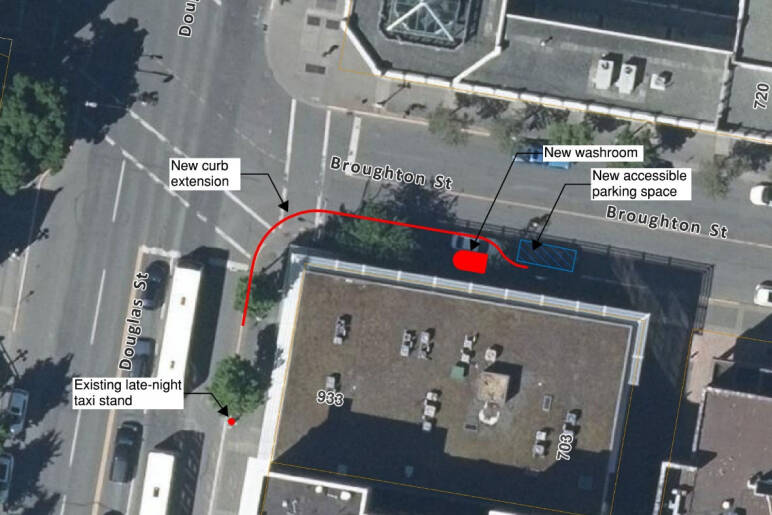 Victoria city staff are recommending a new public washroom at the corner of Broughton and Douglas streets. (Courtesy City of Victoria)