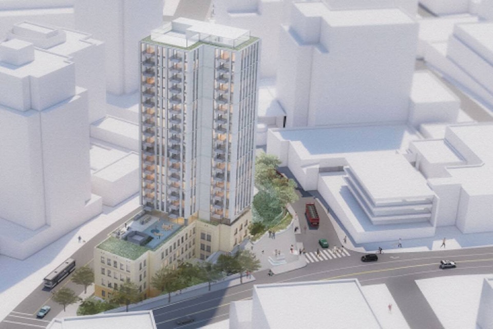 A rendering of a proposed hotel and residential tower on top of the B.C. Power Commission building. (Photo courtesy of OMB Architects + Designers)