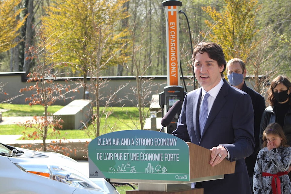 Prime Minister Justin Trudeau touted his government’s electric vehicle moves during an appearance at Royal Roads University in Colwood on April 11. (Jake Romphf/News Staff)