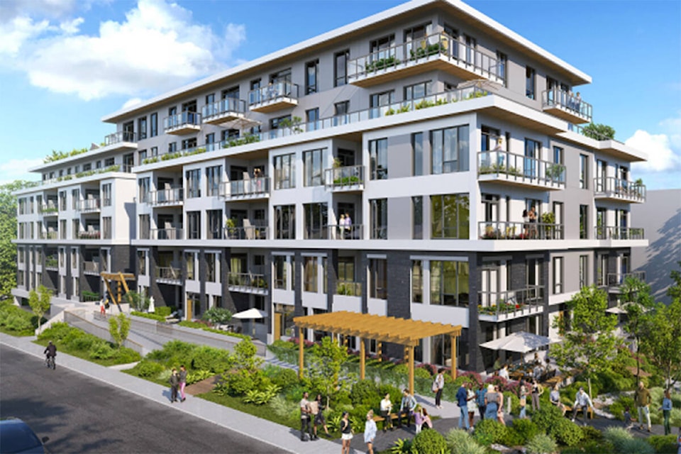 A rendering for an approved six-storey, 105-unit apartment building that will replace five properties in Esquimalt’s West Bay neighbourhood. (Photo courtesy of Wexford Developments)