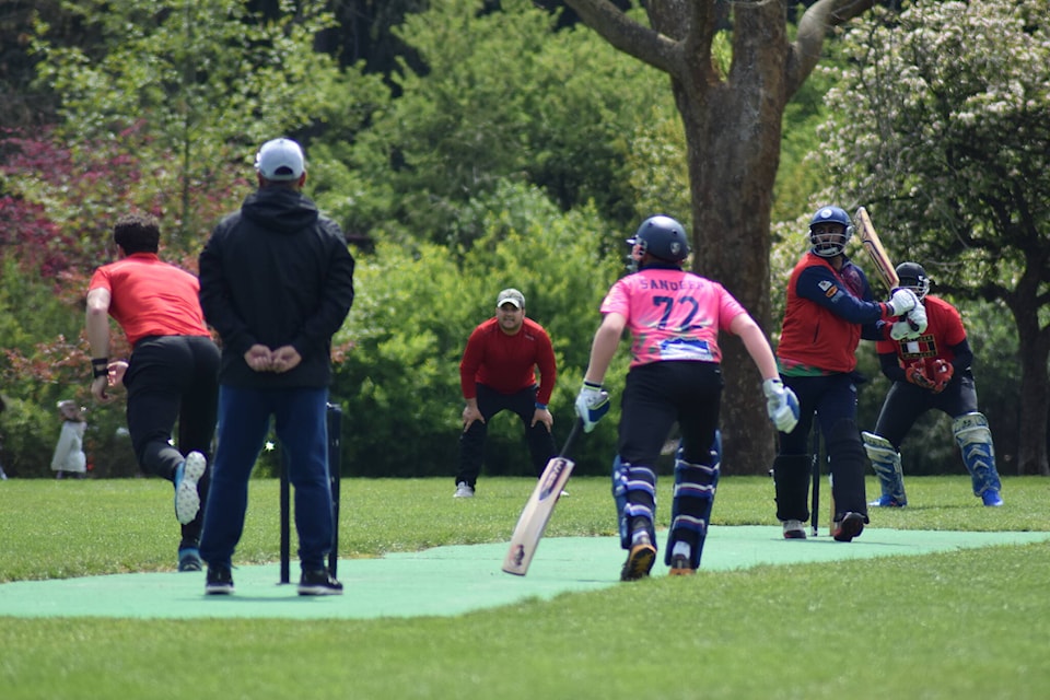 Friends 11 batsman Sandeep Chamba heads for the wicket against Incogs/Cowichan during cricket play at Beacon Hill Park, April 25. (Kiernan Green/News Staff)