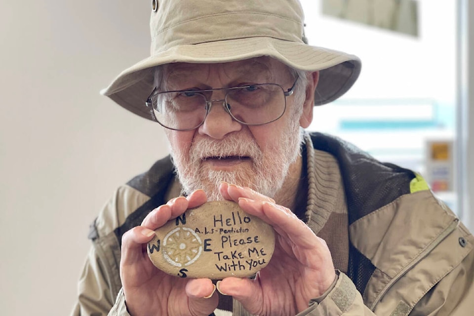 Asger Bentzen and his friend Liz Huff were walking on the grounds at Tsawaayuus Rainbow Gardens on April 26, 2022 when Asger spotted this special ‘adventure’ rock along the path. The rock originated in Port Angeles, Wash. (SUSAN QUINN/ Alberni Valley News)