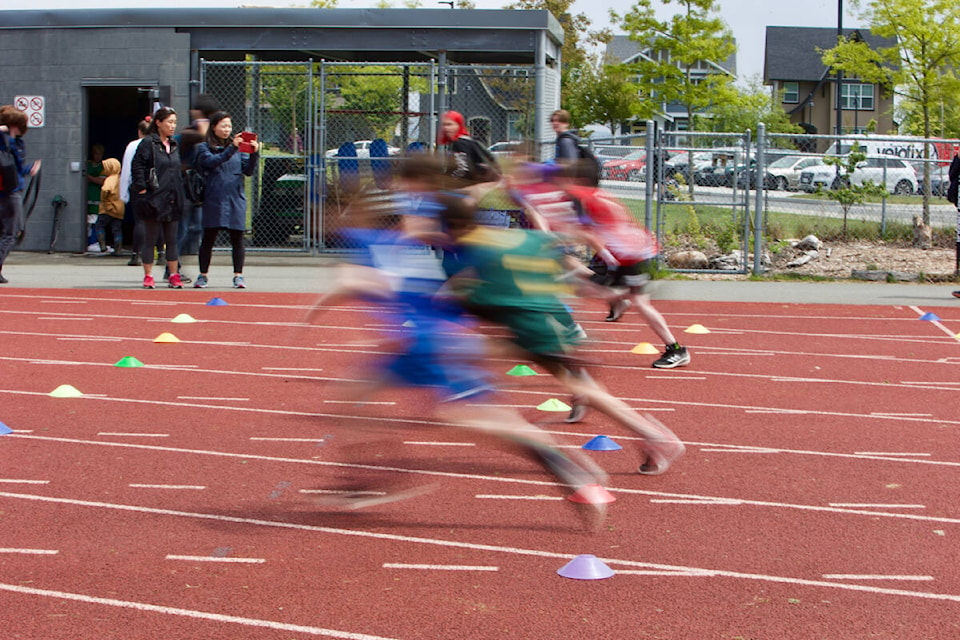 Grade 4 and 5 students from all 17 elementary schools in SD62 gathered at Colwood’s Royal Bay Secondary School Friday June 3 for the first track and field meet since the pandemic started. The all-day event saw hundreds of students cheered on by spectators lining the track. (Justin Samanski-Langille/News Staff)