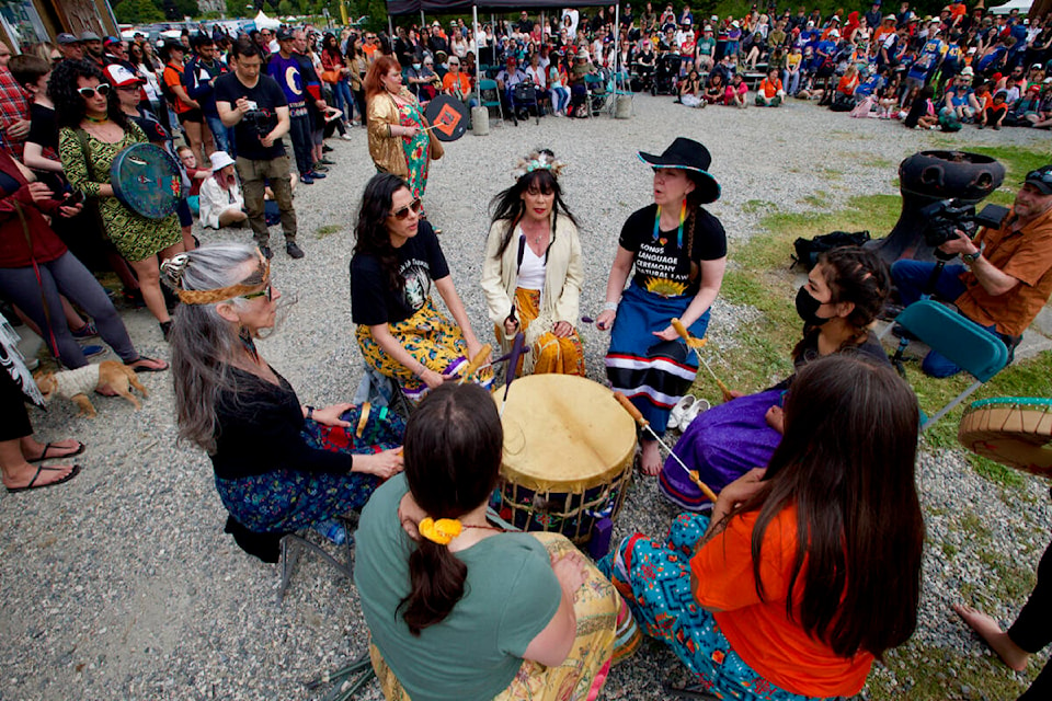 A drum circle performs in front of hundreds of audience members Tuesday during National Indigenous Peoples Day celebrations June 21 at Royal Roads University. (Justin Samanski-Langille/News Staff)