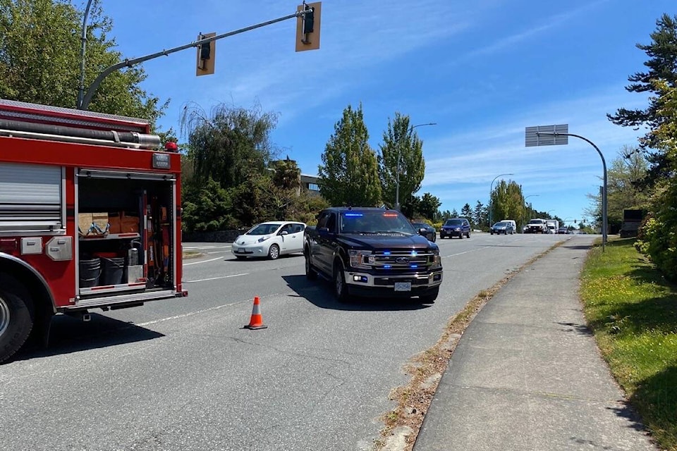 A crash slowed traffic on Vernon Avenue in Saanich Wednesday afternoon. (Don Descoteau/News Staff)