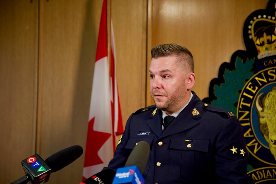 BC RCMP spokesperson Cpl. Alex Berube speaks Saturday (July 2) during a media update on the investigation into the June 28 bank robbery in Saanich, which left two suspects dead and six police officers injured. (Justin Samanski-Langille/News Staff)