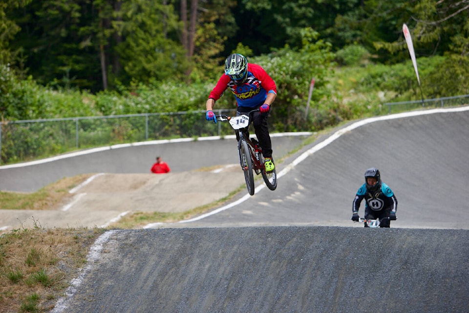 A rider catches air off a jump Saturday (July 2) during BMX Canada Nationals action hosted by the Greater Victoria BMX Association at West Shore Parks and Recreation in Colwood. (Justin Samanski-Langille/News Staff)