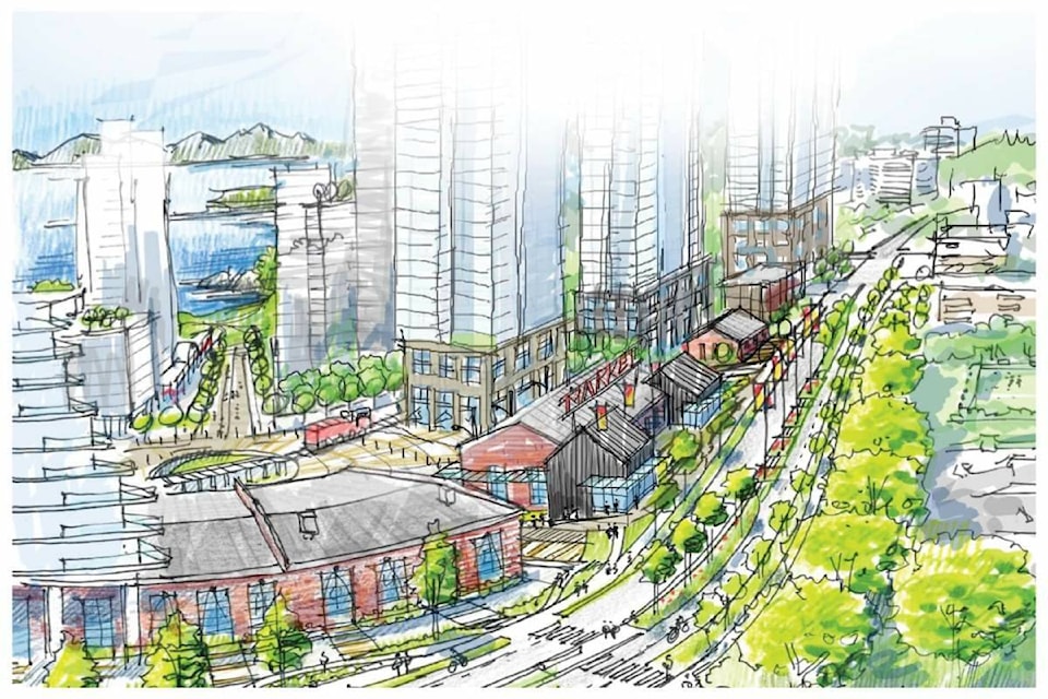 A rendering of the Bayview Place proposal in Vic West. (Courtesy of Focus Equities)