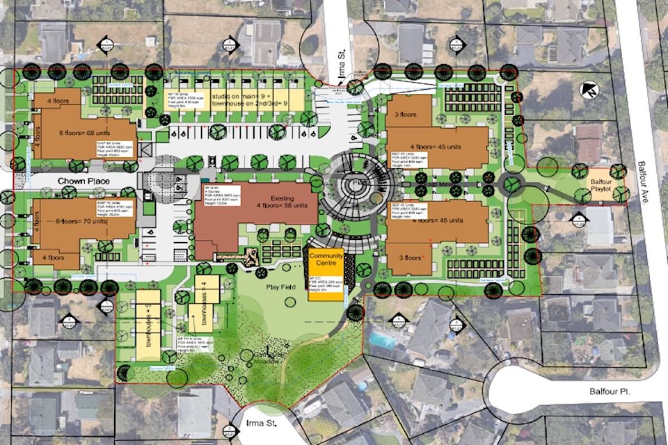 The master plan layout for 300 affordable rental units at Chown Place in Victoria. (Courtesy of Gorge View Society)