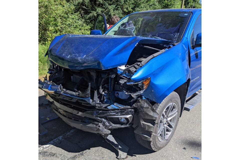 This pick-up rear-ended a Toyota sedan on Highway 19A Sunday (Aug. 7) afternoon at the Gumboot Market in Merville. Photo by Christy Vandon