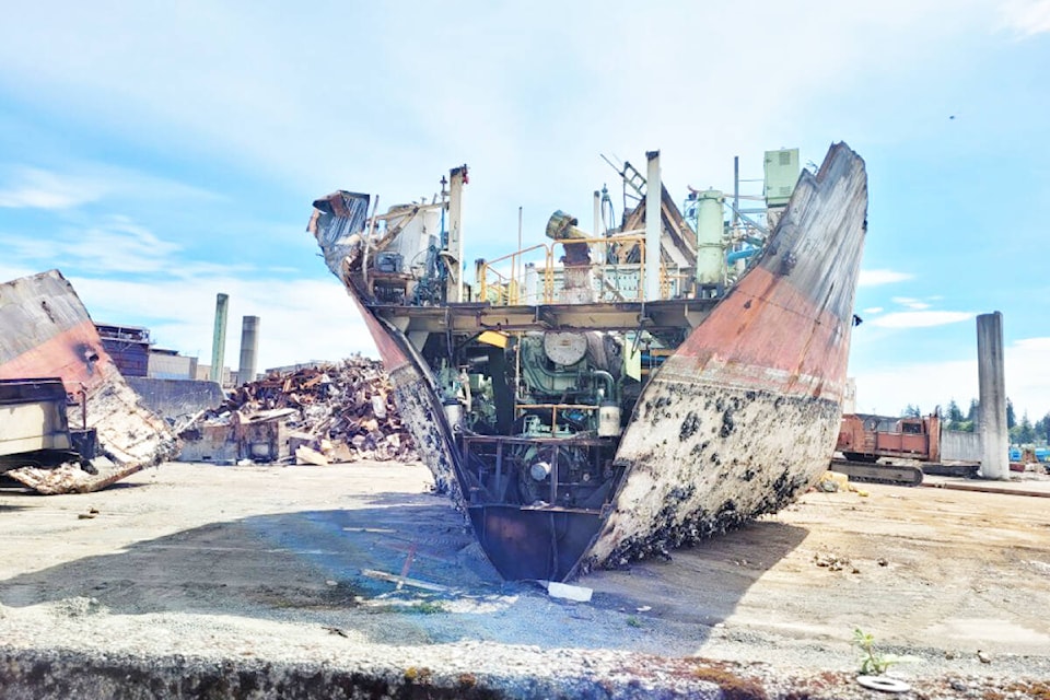The MV Mini Fusion is deconstructed in Campbell River which includes salvaging of appropriate materials, recycling of scrap metal and ensuring strict controls on the disposal of hazardous waste. Photo courtesy Canadian Coast Guard