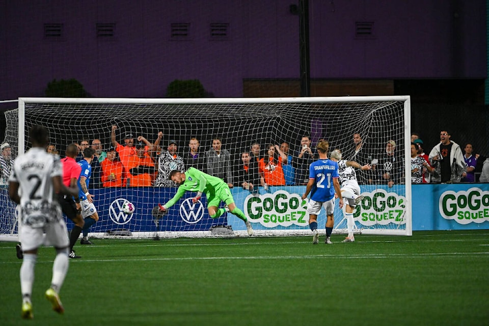 Pacific FC’s Marco Bustos scores early on against FC Edmonton at Starlight Stadium on Sept. 30. (Simon Fearn/Black Press Media)