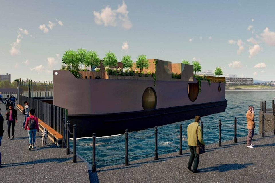 A rendering of a floating sauna business pitched for Victoria’s Ship Point. (Courtesy of Havn Saunas)
