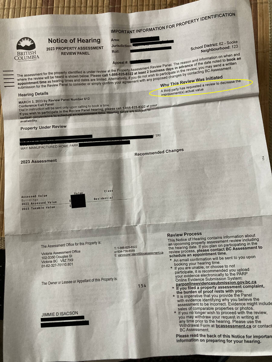The notice Jim Isacson was given that a third party had applied to reduce the assessed value of his mobile home with BC Assessment. The blacked-out sections have been covered for Isacsons privacy. (Bailey Moreton/News Staff)