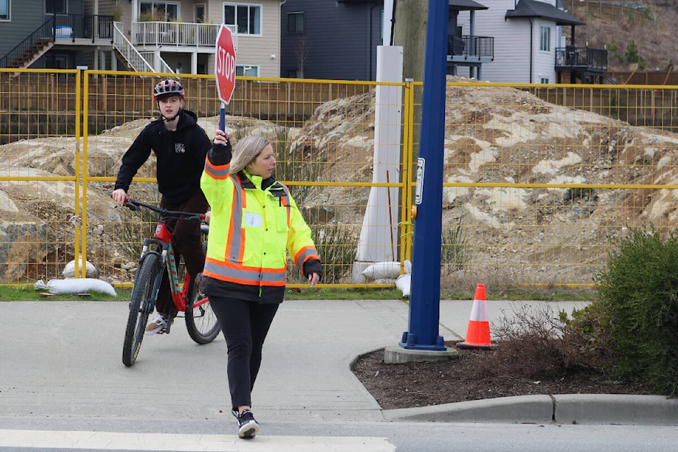 Kailey Sutherland said it has been terrifying at times working as a crossing guard at the roundabout on Langford Parkway near Centre Mountain Lellum Middle School and Pexsisen Elementary School in Langford. (Bailey Moreton/News Staff)