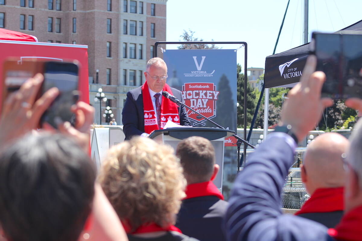 Victoria Hockey Legacy Society chair John Wilson at Ship Point on June 6 for the announcement that Victoria will host Hockey Day in Canada in January 2024. (Jake Romphf/News Staff)