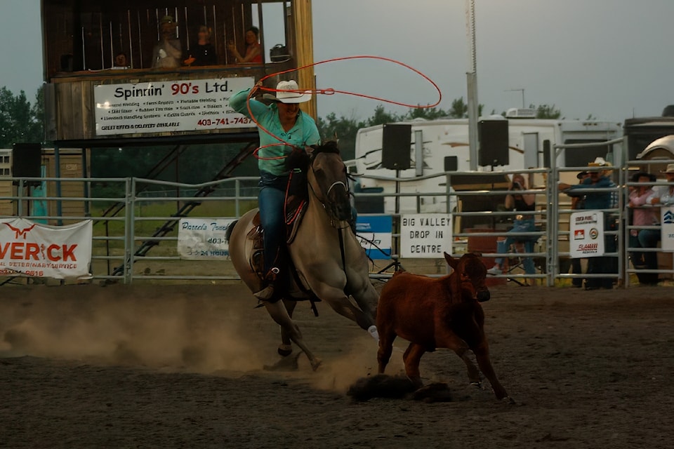 Maggie Lyons gets ready to throw during the Big Valley Bustout Rodeo.  