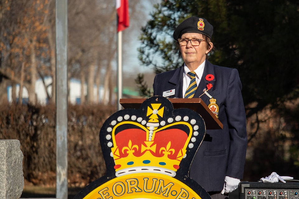 Rosalind LaRose, who sits as the first vice president for Alberta/Northwest Territories Royal Canadian Legion Command, acted as the Master of ceremonies for the Stettler Remembrance Day service held in Sharpe’s Memorial Park. Kevin Sabo/Stettler Independent