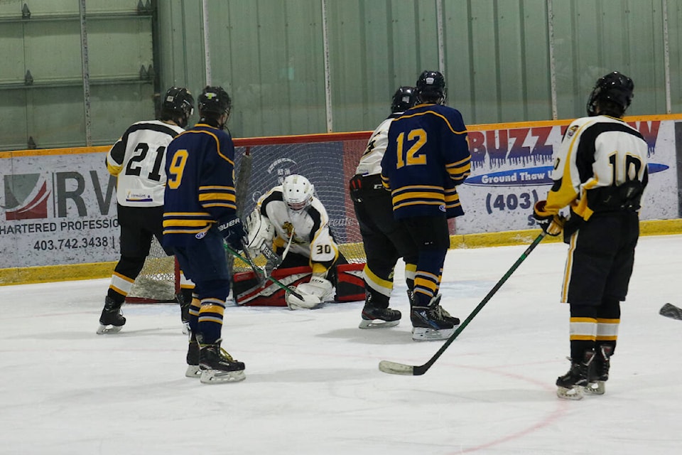 The ice in front of the Vermilion Tigers netminder was a busy place, with the Stettler Storm U18A coming out on top with a score of 5 to 1 during a game on Jan. 8, 2022. (Kevin Sabo/Stettler Independent)