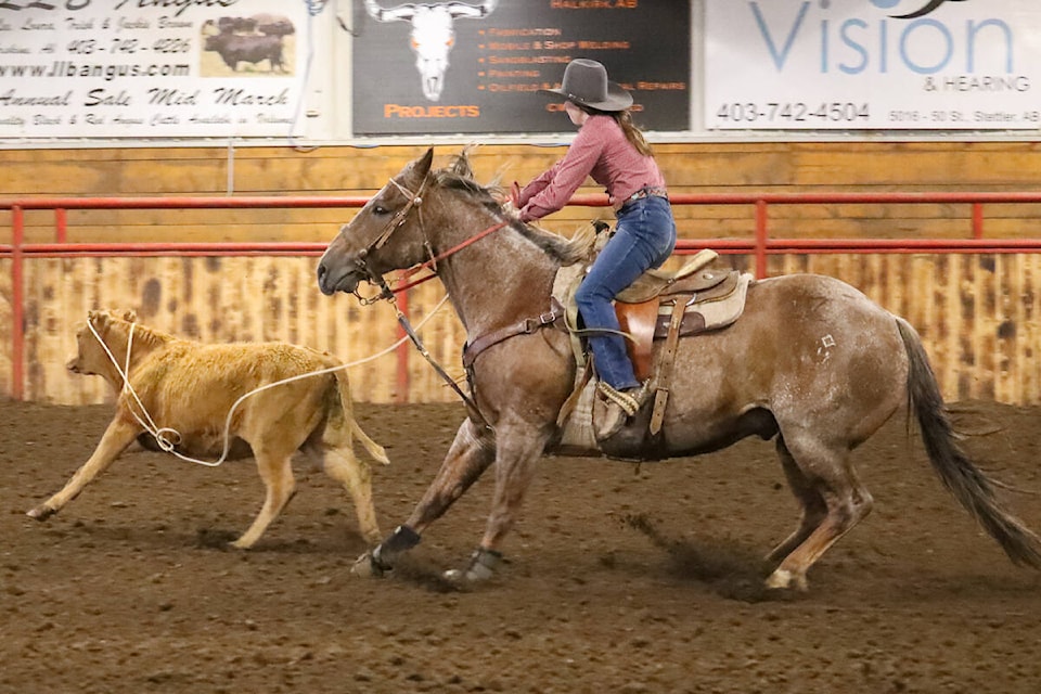 Natalie Wittmack, unfortunately, gets a no-score on her turn during the breakaway roping event. (Kevin Sabo/Stettler Independent)