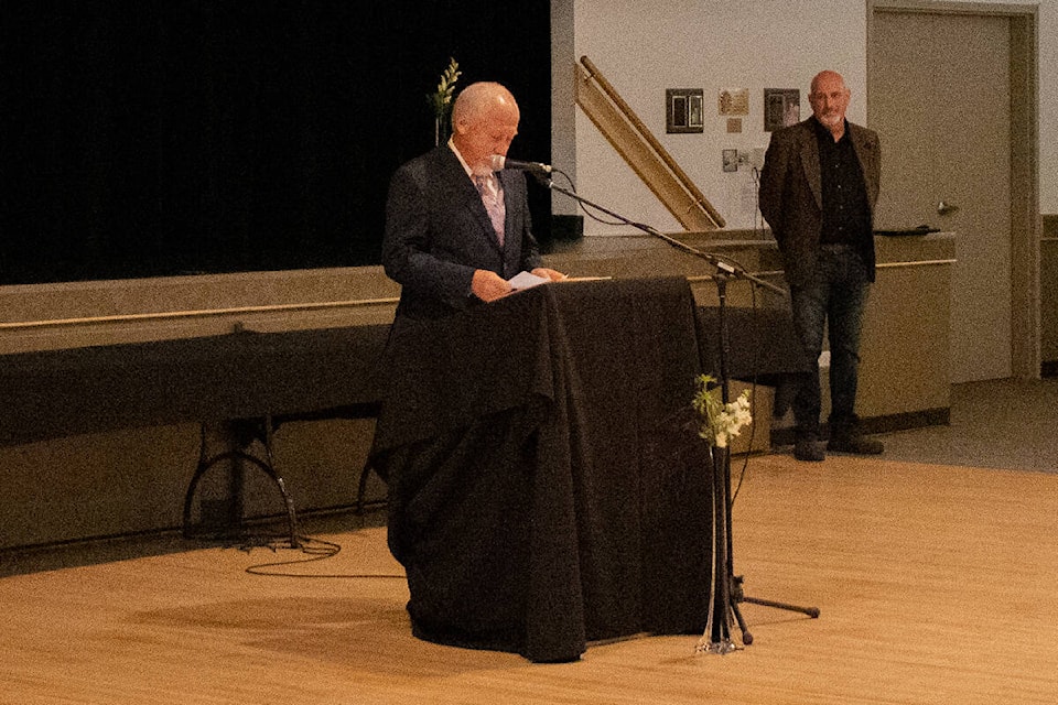 Stettler’s Male Citizen of the Year for 2022, Tom Campbell, says a few words after receiving his award. (Kevin Sabo/Stettler Independent)