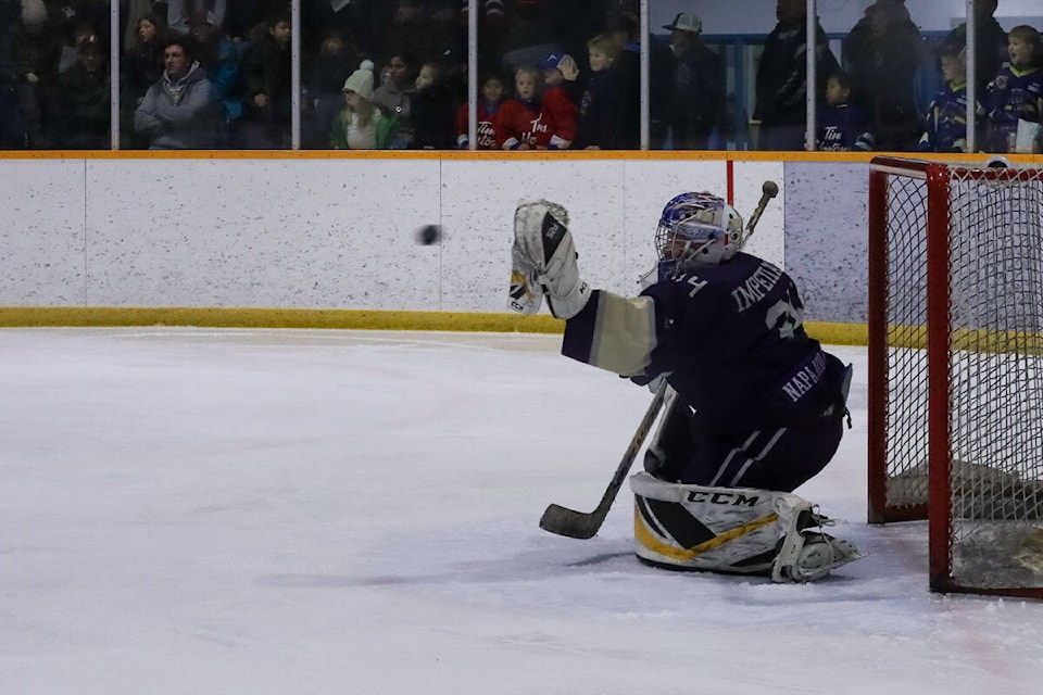Imperials goalie Davin Mattestad proved an impossible challenge for the visiting Coronation Royals, shutting them out. (Kevin Sabo/Stettler Independent)
