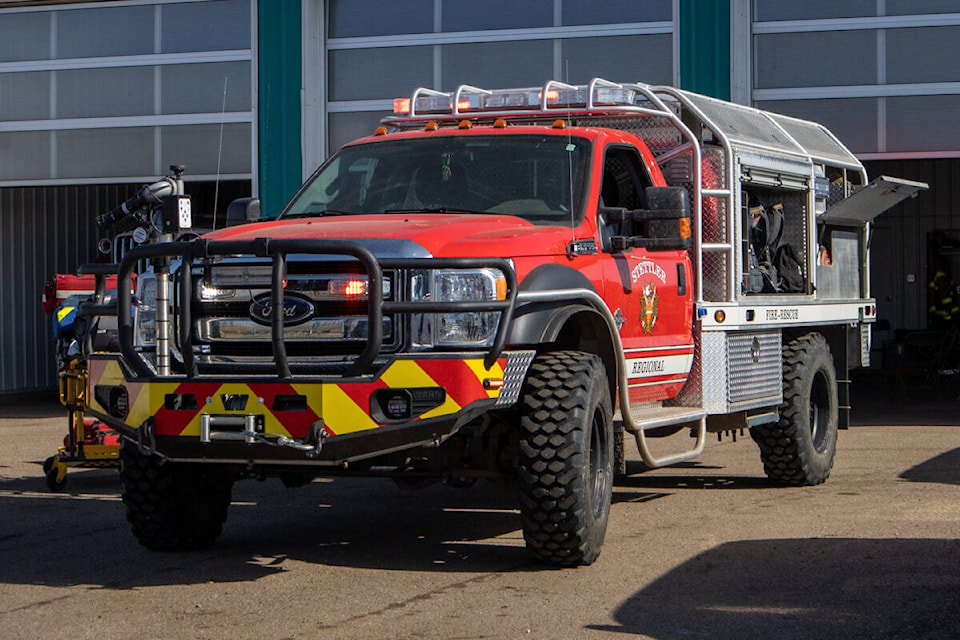 The truck in Big Valley sits outside the Big Valley fire hall on April 15, opened up for people checking out the fundraiser to check it out. (Kevin Sabo/Stettler Independent)