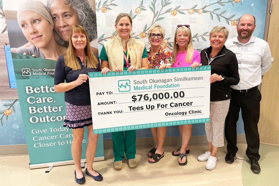 The Tees Up for Cancer golf tournament raised $76,000 for the South Okanagan Similkameen Medical Foundation’s $10 million oncology campaign. From left are organizers Melanie Coupland, Caitlin Aarsen, Karen Gladish, Patty Metcalf, Sandra Reeves and Ian Lindsay, chief executive officer of the medical foundation. (contributed)